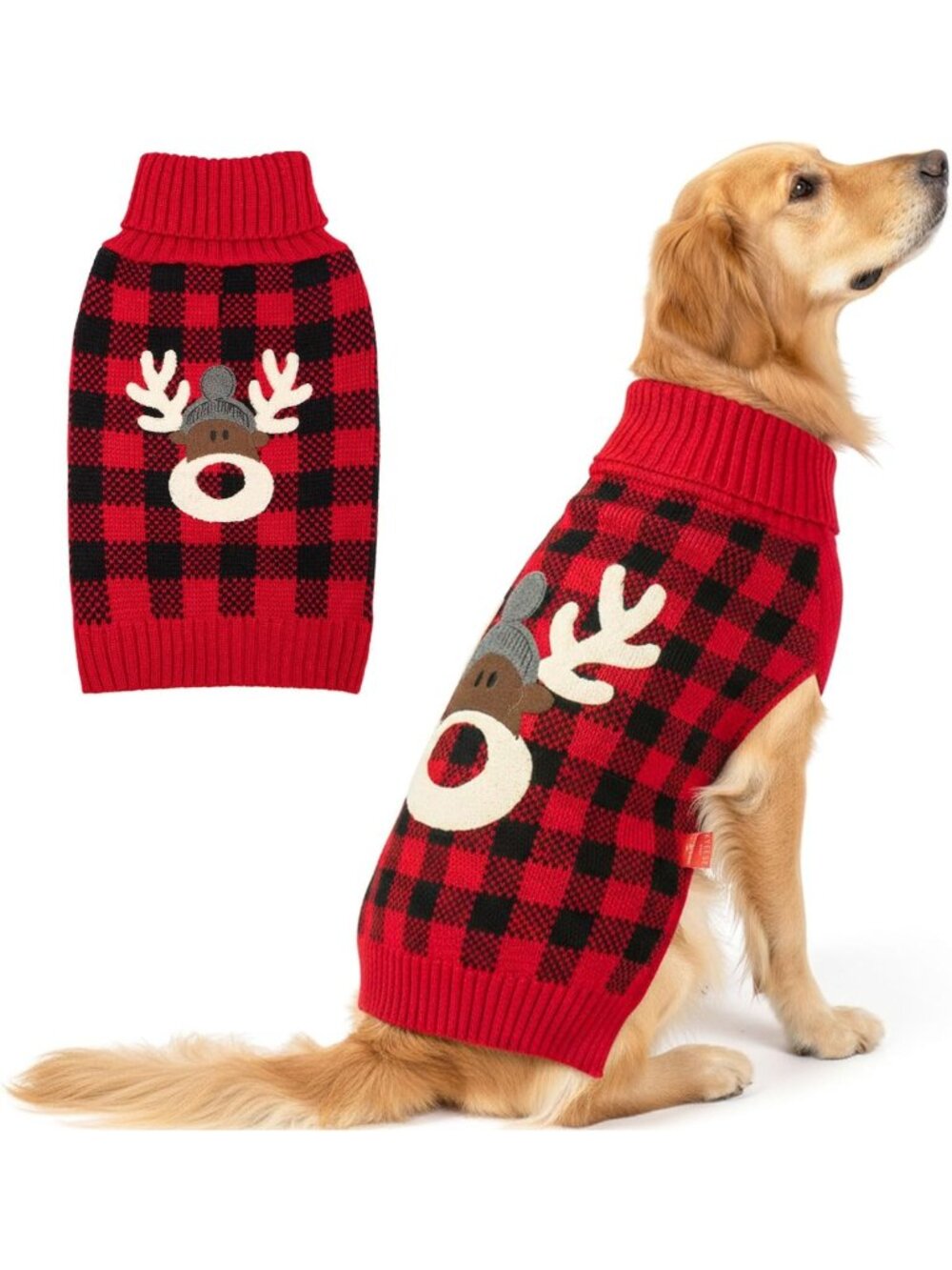 Cozy Buffalo Plaid Reindeer Christmas Sweater for Medium & Large Dogs